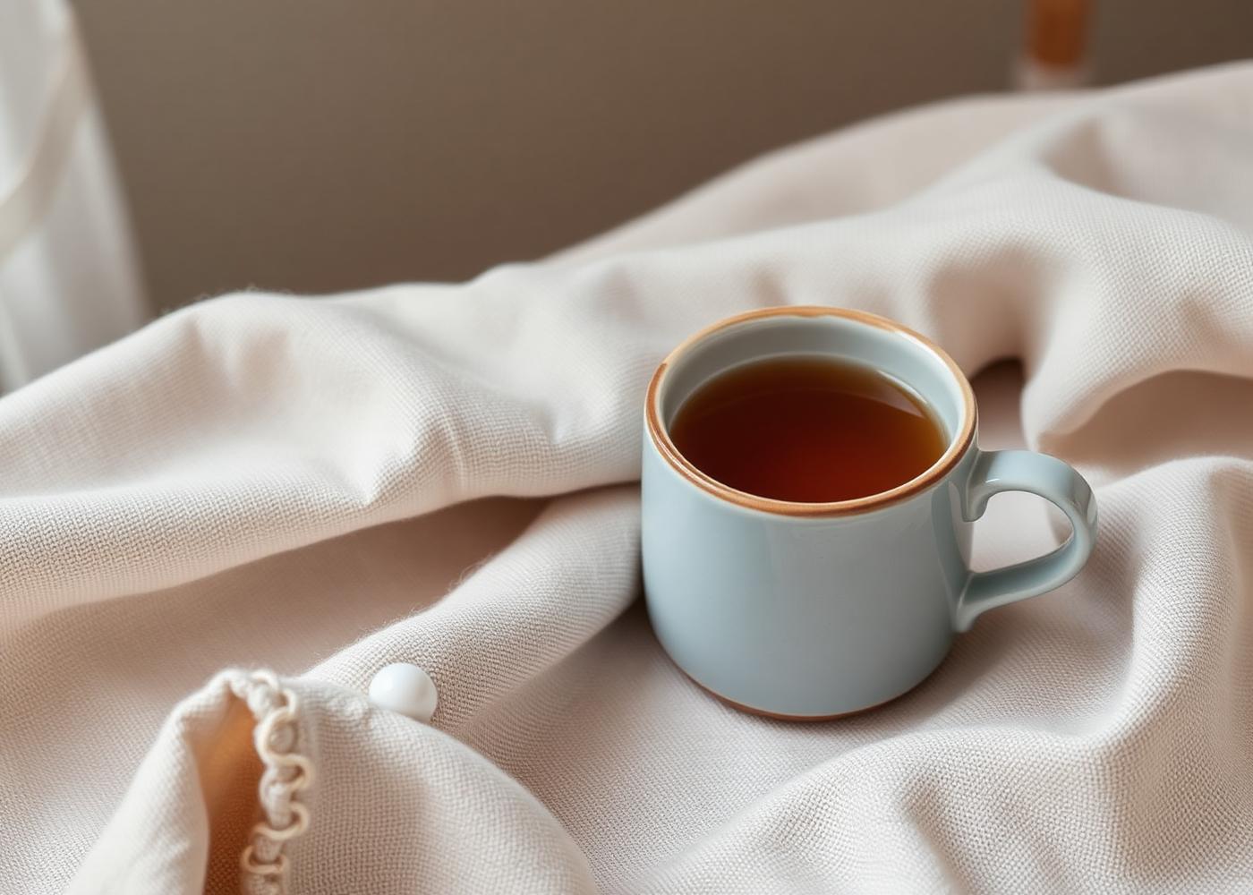Ceramic cup with herbal infusion on linen